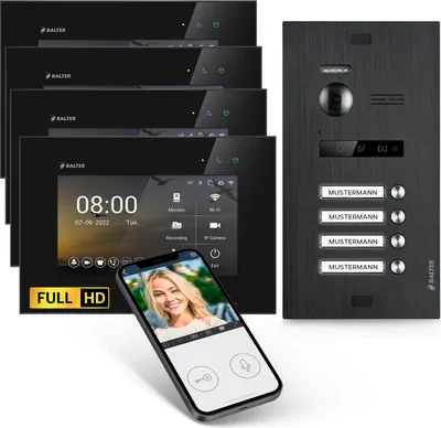 Produktbild von HD Video Türsprechanlage mit Smartphone App für 4 Familienhaus, 4x Monitor, Balter EVO HD WLAN Schwarz