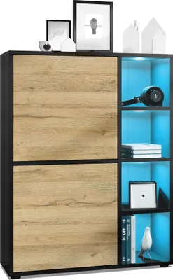Produktbild von Vladon Highboard Schrank Anrichte Cuba mit 8 Fächern,  Germany, Korpus in Schwarz matt / Fronten in Eiche Natur, mit RGB LED Beleuchtung
