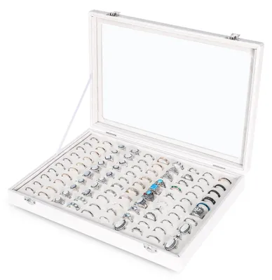 Produktbild von Schmuckaufbewahrungsbox mit 100 Fächern – Ringhalter – Schmuckständer – Aufbewahrungsbox für Ohrringe – Samtbezug – Transparenter Deckel – Schmuckhalter
