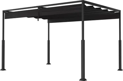A black pergola with a retractable canopy, shown from a front-side angle against a white background.