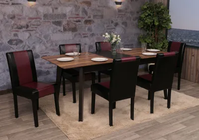 Produktbild von 6er-Set Esszimmerstuhl Stuhl Küchenstuhl Littau Kunstleder, schwarz-rot, dunkle Beine