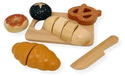 Produktbild von Kabi Holz-Schneideset n – 7 Teile (5 Brötchen/Gebäck, Schneidebrett, Holzmesser, Klett-Verbindung) – ab 3 Jahren,