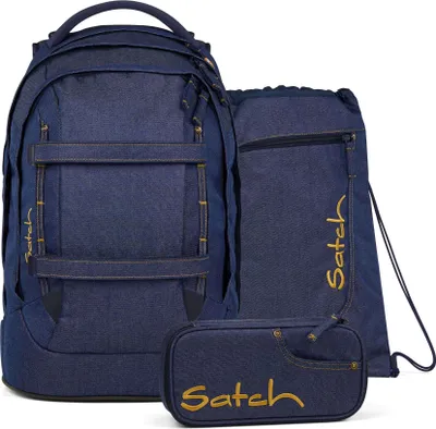A set of three denim blue school bags, including a backpack, a drawstring bag, and a pencil case, are displayed against a white background.