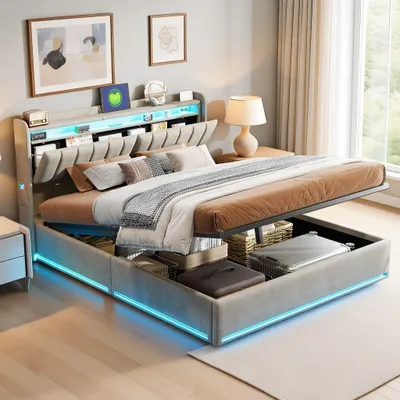 Image de Lit à lattes avec sommier à ressorts INONEFT, 140x200 cm, avec espace de rangement, sommier tapissé hydraulique avec éclairage LED et port USB, lit double avec sommier à lattes en bois et revêtement en velours, couleur gris