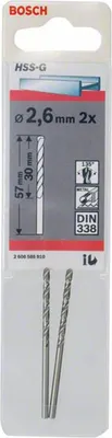 Obrázek produktu pro Vrták do kovu HSS-G, DIN 338, 2,6 x 30 x 57 mm, balení 2 ks