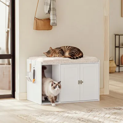 SoBuy HAT07-E-W Katzenklo-Schrank weiß mit Katze auf weicher Liegefläche und offenem Einstieg