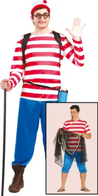 A person wearing a Waldo-style costume, holding a walking stick and waving.