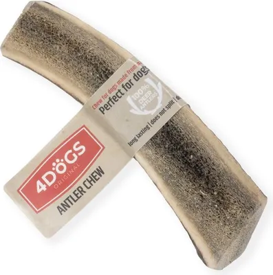 A single antler chew for dogs, with a label wrapped around it.