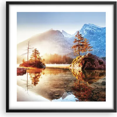 Produktbild von Gerahmtes Poster - Schwarzer Rahmen - Morgendämmerung Berge See - 50x50 cm - Wand Bild - Wanddeko - Wandbilder - Kunstposter - Wandposter - Bilderrahmen - Bilder - Kunstdruck - P2BAC50x50-4617