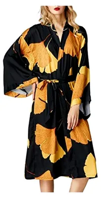 Produktbild von Damen Morgenmantel aus Satin im langen Kimono-Stil mit Ginkgo-Blatt-Muster für Bräute und Brautjungfern