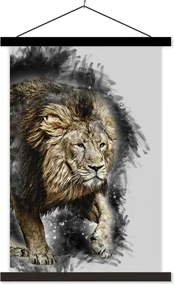 Produktbild von MuchoWow® Textilposter Illustration - Löwe - Schwarz 60x90 cm mit schwarzem Rahmen - Poster Wohnzimmer