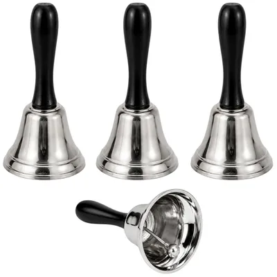 Produktbild von Relaxdays Tischglocke Silber 4er Set 12,5 cm, Metall Handglocken mit schwarzem Griff, Serviceglocken für Rezeption, Theke, Büro & Events, Serviceglocke Handglocke für Rezeption, Theke, Büro