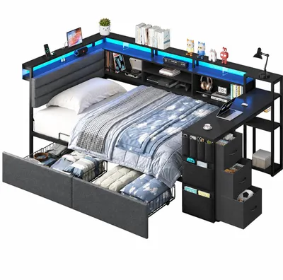 Image de Lit de jeunesse AODEMOKO avec éclairage LED et station de charge, lit rembourré avec bureau intégré de 91x35 cm, lit de jour avec grands tiroirs, dimensions 90x200 cm