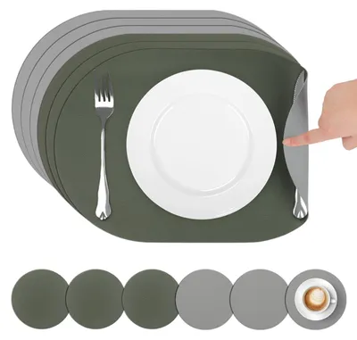 Produktbild von Kunstleder Tischset und Untersetzer Set von 6 - Grüne und Graue Ovale