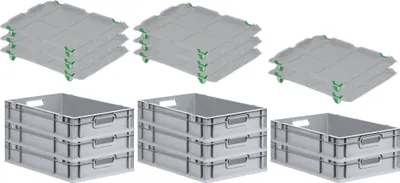 Produktbild von SuperSparSet 8x Eurobox NextGen Grip mit Auflagedeckel inkl. 4 grünen Schiebeschnappverschlüssen | HxBxT 12x40x60cm | 23 Liter | Grau | Griffe offen | Glatter Boden | Eurobehälter, Transportbox, Transportbehälter, Stapelbehälter