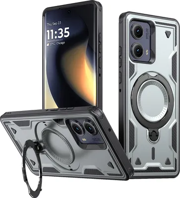 Produktbild von Dual Layer Hülle für Motorola Edge 2024 5G Metall Ring Ständer Magnetisch Stoßfest Militär Handyhülle Grau