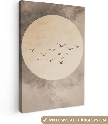 Produktbild von Leinwand Bilder 60x90 cm - Japandi - Vögel - Beige, Bild Modern, Wanddeko, Gemälde