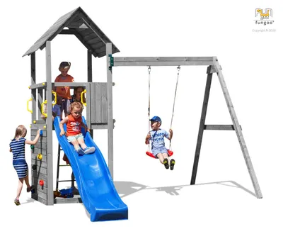 Produktbild von Fungoo Spielturm "Carol 2" grau mit Rutsche, Schaukel und Kletterwand