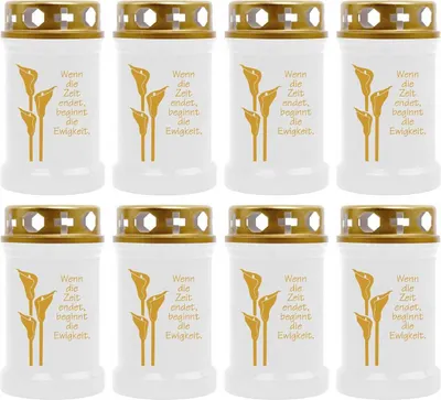 Produktbild von Grabkerze Weiß 8er Pack ( Druck Gold ), 40 Stunden/Kerze, Motiv: Calla