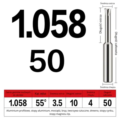 Zdjęcie produktu dla Frez 55° do gwintów calowych Rozmiar: 3.5x10x1.058x50L