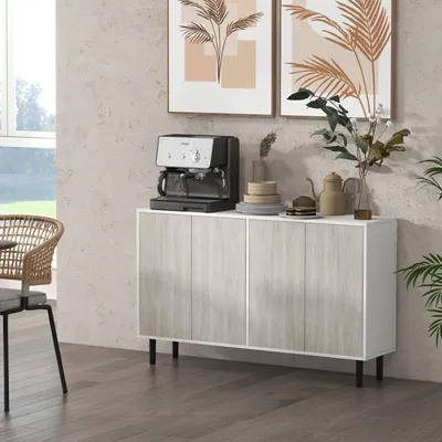 Produktbild von Sideboard Modern 121x37x75 cm Anrichte aus Holzwerkstoff mit 4 Türen, Küchenschrank in Weiß & Grau-Holzoptik mit verstellbaren Regalböden