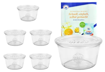 Zdjęcie produktu dla zestaw 6 szklanych kubków Weck o pojemności 290 ml, słoików 1/5 l z 6 szklanymi pokrywkami, w tym książeczka z przepisami