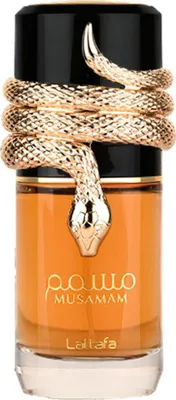 A bottle of Lattafa Musamam Eau de Parfum with a gold snake wrapped around the neck.
