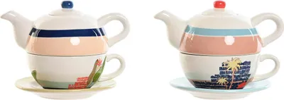 Image de Théière Home ESPRIT bleu blanc vert rose clair Dolomite 750 ml (2 pièces)