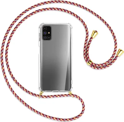 Produktbild von Handykette Backcover-Schutzhülle mit Band (Metall goldfarben) für Samsung Galaxy M31s - weinrot/gelb/grau