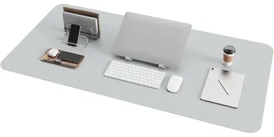 Immagine prodotto di Tappetino per scrivania, poggiapolsi, in pelle e ecopelle, color grigio argento, dimensioni 100x50 cm
