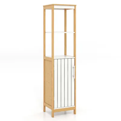 A tall, narrow bathroom cabinet made of bamboo and white material, shown against a white background.