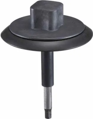 A close-up studio shot of a black sink drain fitting.