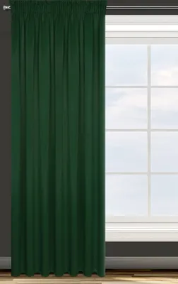 A green curtain is shown hanging in front of a window.