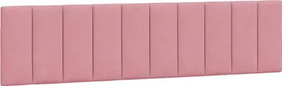 A pink upholstered headboard with vertical channel tufting.