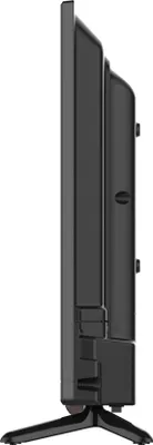Side view of a black television on a stand.