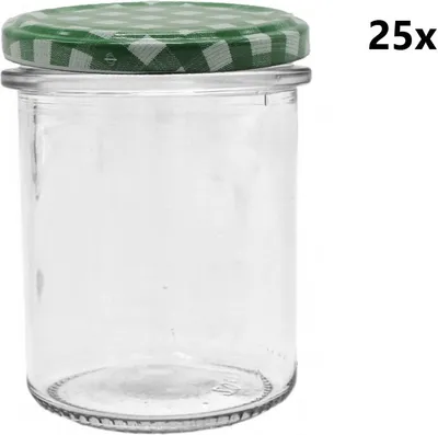 A clear glass jar with a green checkered lid, shown against a white background. The text '25x' is visible on the right side.