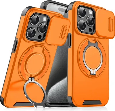 Obrázek produktu pro Dvouvrstvé pouzdro pro iPhone 15 Pro Max, s posuvným krytem fotoaparátu a magnetickým kroužkovým stojánkem Pomerančový