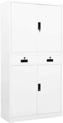 Imagen del producto de Armario de oficina blanco de 90x40x180 cm. Archivador de acero con 3 estantes ajustables y 2 cajones. Armario metálico con cerradura, ideal para documentos y material de oficina