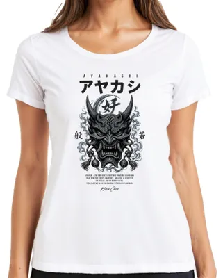 Obrázok produktu pre Tričko s potlačou "Ayakashi Oni Maske Hannya", motív: japonský démon, mytológia, štýl Y2K, samuraj, Yokai, dámske, biela farba, veľkosť M