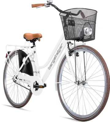Produktbild von Bergsteiger Amsterdam Damenfahrrad 28 Zoll, mit Korb, Licht, Rücktrittbremse, Rahmenhöhe 48 cm, Hollandrad im Retro-Design, Farbe Weiß