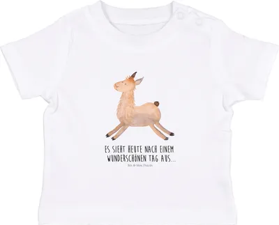 Produktbild von Mr. & Mrs. Panda Babyshirt Lama Springen 12. - 18. Monat - Weiß - Geschenk, T-Shirt, Kleinkind, Baby, Lamas, Freundin, Glück, Kurzarmshirt, Guten Morgen, Start
