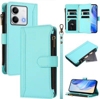 Produktbild von Handyhülle für Xiaomi Redmi Note 13 5G Reißverschluss Geldbörse Kunstleder Klapphülle mit Kartensteckplatz, Ständer, Handschlaufe Türkis