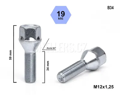 Obrázok produktu pre Skrutka kolesa M12x1,25x34 s kužeľom, kľúč 19, C19B34, výška 59 mm
