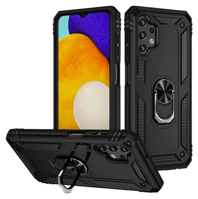 A black phone case with a ring holder is displayed from multiple angles.