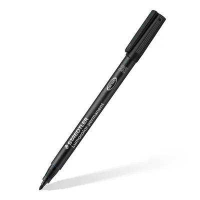 A black Staedtler Lumocolor permanent marker is shown against a white background.