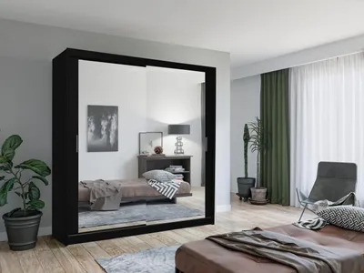Produktbild von Krudox LUX Schwarz Schiebetürenschrank Kleiderschrank 203x216x62 cm mit Spiegel - Schlafzimmermöbel – Mehrzweckschrank mit 4 Kleiderstangen