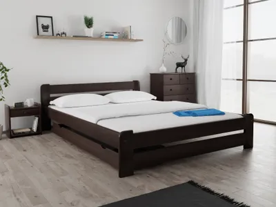 A bedroom scene with a bed, nightstand, and dresser.