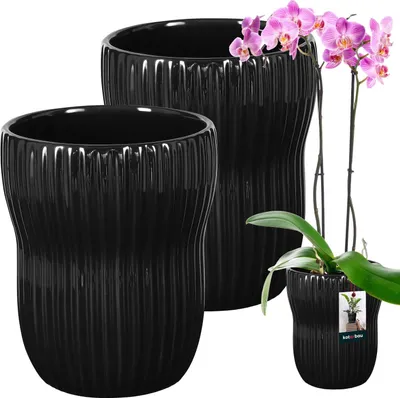 Produktbild von KOTARBAU® 2 St. Blumentopf Schwarz innen rund ⌀ 11,5 cm H: 16,5 cm gerillter glasierte Keramik Blumentöpfe innen Blumenübertopf Keramik Pflanzentopf innen Orchideenübertöpfe Keramik Blumentopf groß Flower Pot