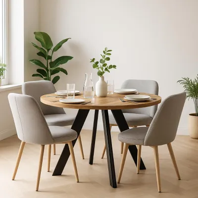Productafbeelding van Uittrekbare eettafel van rundhout, model LEX, in loft-stijl, Scandinavisch design, diameter: 90 / 190 cm, kleur: eikenhout Wotan / zwart