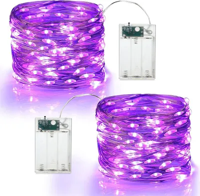 Obrázek produktu pro Sada 2 kusů, 10 metrů, 100 LED diod, světelný řetěz z měděného drátu, fialová barva, napájení bateriemi, pro vnitřní použití, svatby, oslavy, Vánoce, Halloween, dekorace